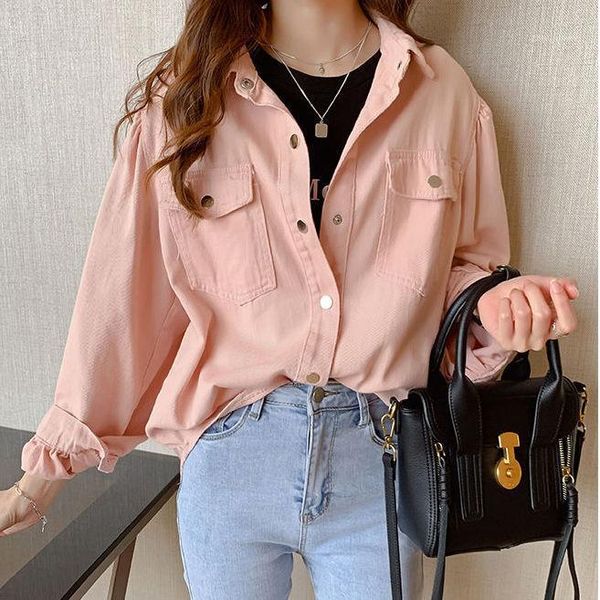 

women long sleeve casual blouse shirts with two pockets pink white blue size s-xxl1