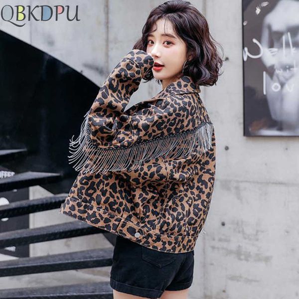 

2021 vintage leopard print jean jacket women tassel bat long sleeve bomber jackets casual spring autumn loose short denim coat, Black;brown