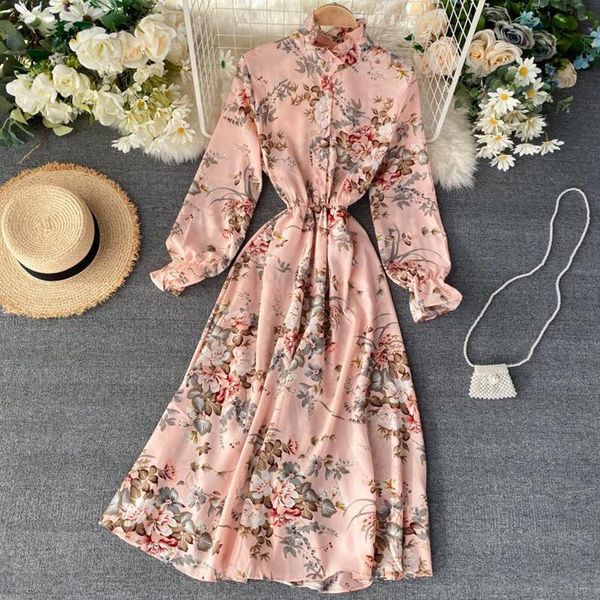 

2021 vintage floral print stand collar chiffon dress spring summer midi long party women elastic waist vestido elegant dress, Black;gray