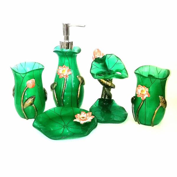 

innovative bathroom accessories set five pieces bathroom organizer lotus shape decoration wedding gift ornament resin