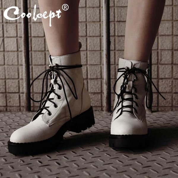 

boots coolcept ankle for women real leather cross strap casual fall winter shoes fashion zipper gothic booties size 34-40, Black