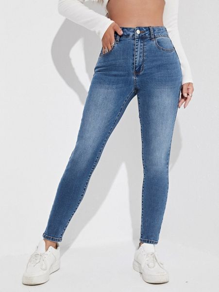 

high waist skinny jeans w72c#, Blue