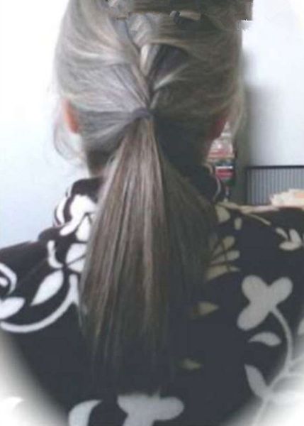 

silver/brown salt and pepper grey clip on ponytail extension short wraps clip in silver grey straight ponytail hairpiece unprocessed 120g, Black