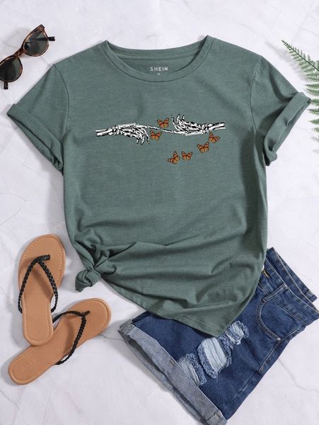 

skeleton shelf and butterfly graphic tee 45v6#, White