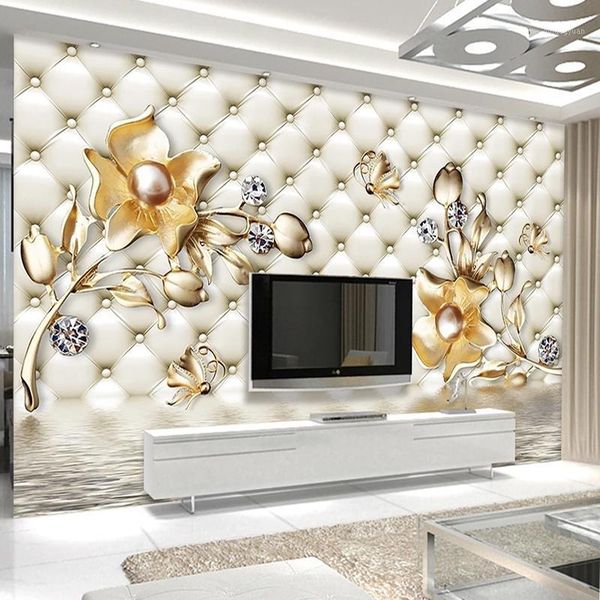 

custom p modern 3d luxury soft bag golden flower jewelry bedroom bedside living room tv background wall art mural wallpaper1