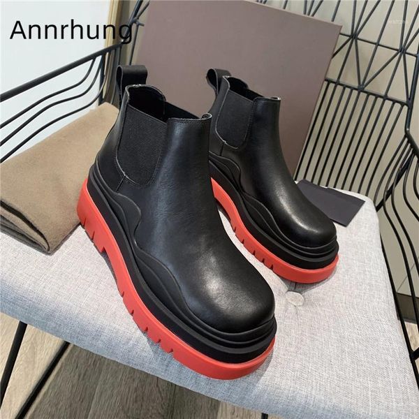 

black genuine leather ankle boots women round toe thick heel elastic band slip-on short booties autumn winter botas mujer1