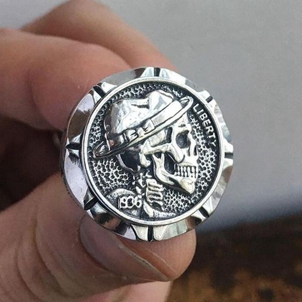 

cluster rings hobo nickel brave skull mens mexican biker style coin stainless steel ring gift for him size 7-14, Golden;silver