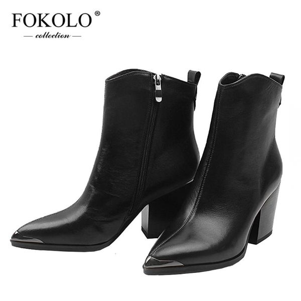 

boots fokolo ankle women pointed toe full grain leather zipper fashion lady 2021 autumn winter simple shoes handmade x5, Black