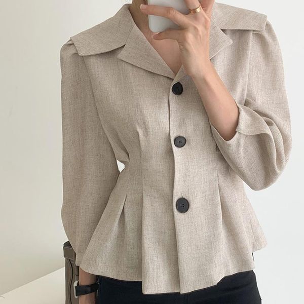 

autumn women beige single-breasted blouse elegant turn-down collar puff long sleeve shirts female new fashion blusas fall 20201, White