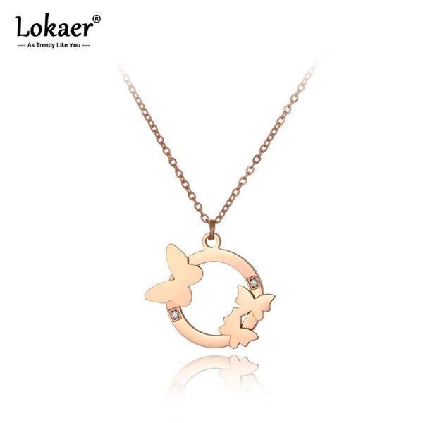 

pendant necklaces lokaer rose gold color butterfly circle rhinestone stainless steel female chain neckalce birthday gift n19212, Silver