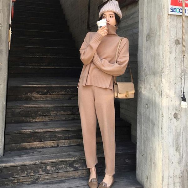 

casual sweater pants knitted 2 pieces set turtleneck pullovers amp; elastic waist pants women sweater sets 2021 autumn knitted set, Gray