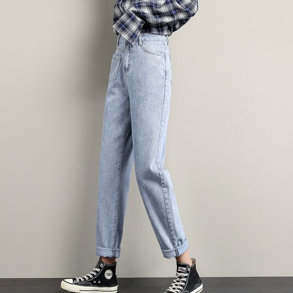 

autumn women high waist loose harem dad jeans lady students slim stretch length pants female denim streetwear cropped trousers y1214, Blue