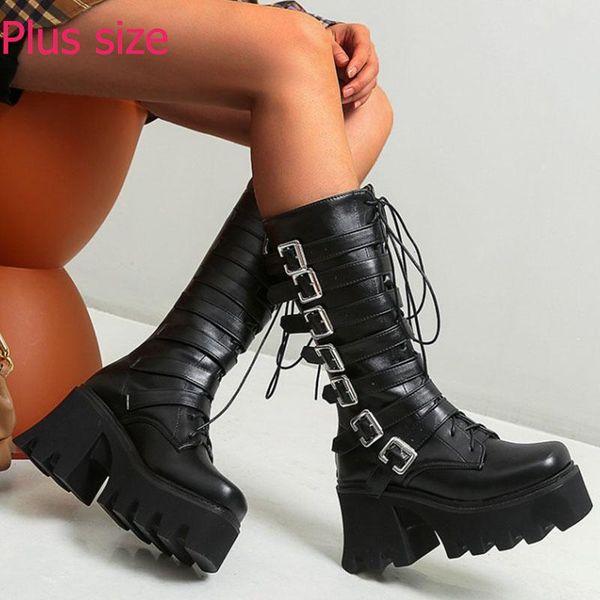 

black mid-calf punk style boots for woman female shoes on platform winter chunky high heel demonia goth motorcycle shoes y2k