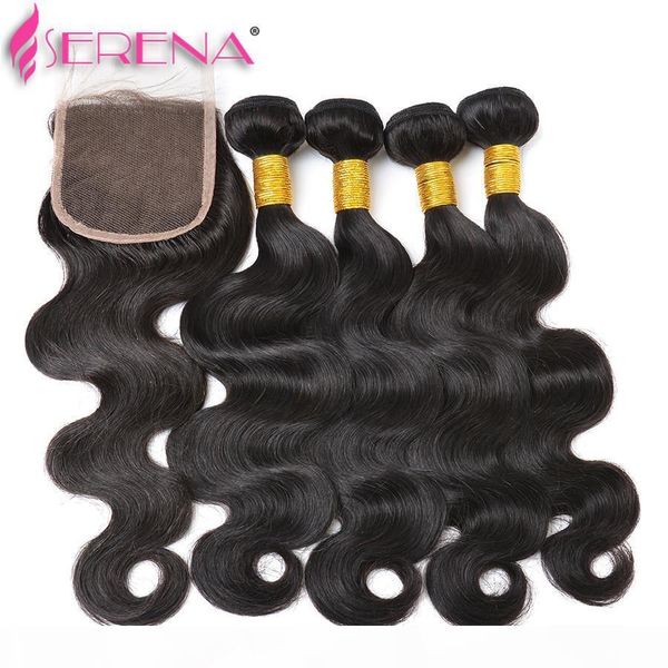 

brazilian human weave hair weft extensions 4 bundles and lace closure(4"x4") 1pcs body wave wavy natural color ing, Black;brown