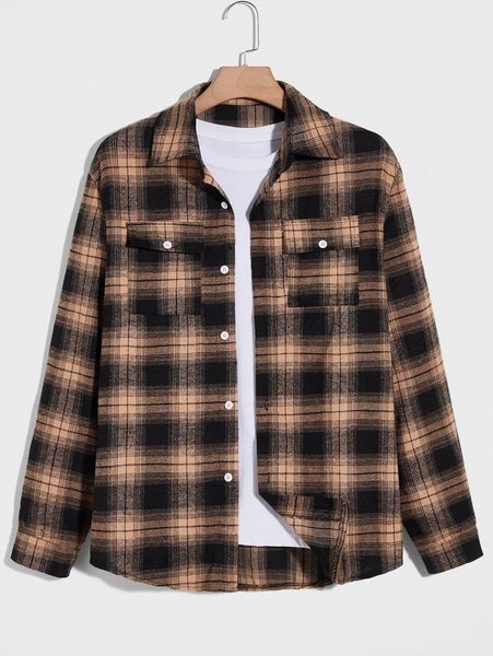 

romwe guys plaid button front pocket shirt e0sr#, White;black