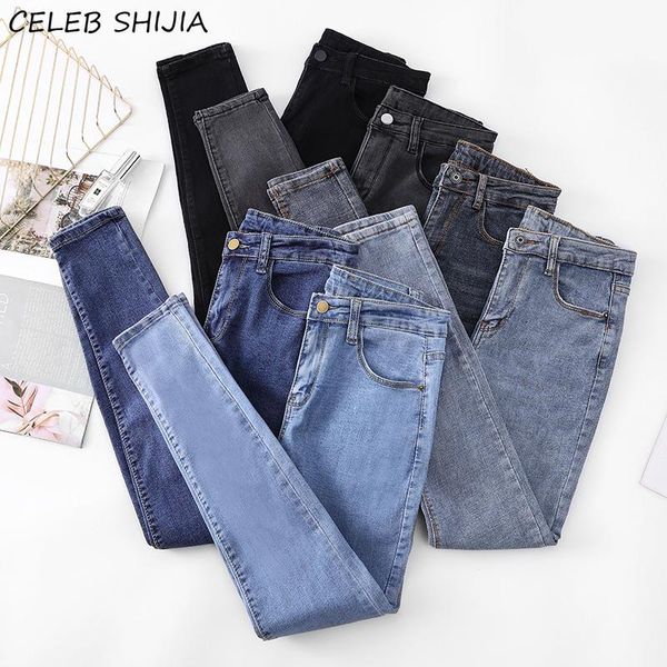 

women's jeans shijia casual denim woman skinny high waist elastic pencil pants female chic stretchy mom black blue trousers summer