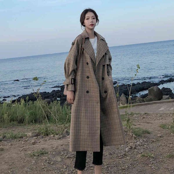 

women's trench coats korean women's trench coat with a belt, long, double face, loose, feather duster, outdoor clothes storm flaps, Tan;black