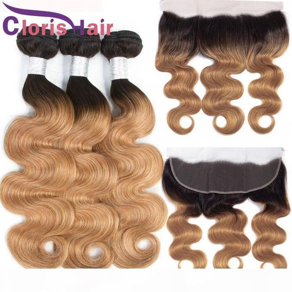 

13x4 lace frontals with 3 bundles honey blonde ombre peruvian virgin body wave human hair weaves closure t1b 27 colored bundles with frontal, Black;brown