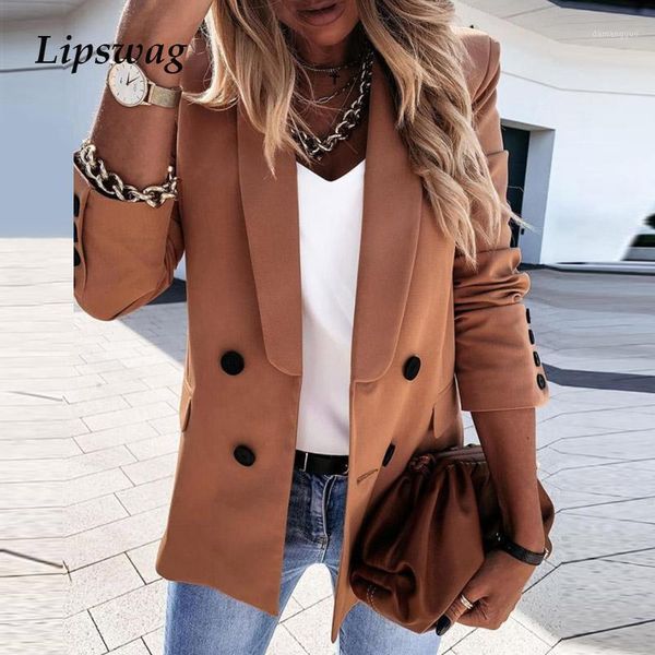 

autumn winter elegant office lady slim jacket women vintage solid double breasted suit female fashion turn-down collar coat1, Black;brown