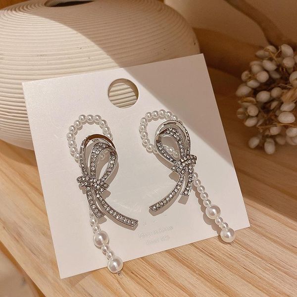 

stud korean trendy exquisite pearl zircon inlaid bowknot earrings for women contracted big earring temperament fashion jewelry, Golden;silver