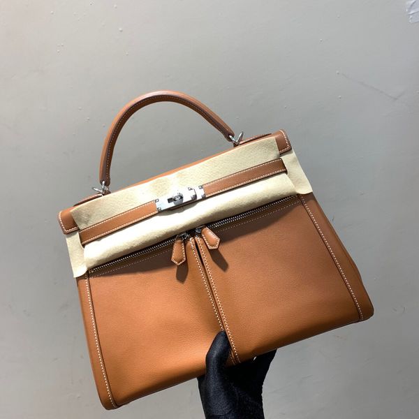 

factory wholesale swift leather brown design purse32cm,fully handmade wax thread,fast delivery, have many other designs on web