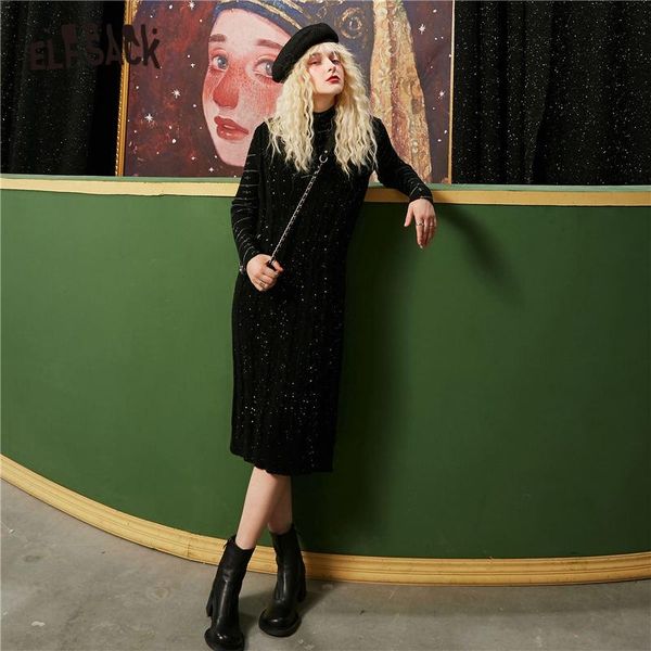 

elfsack black solid high waist casual knit dress women,2020 autumn elf vintage pure sleeveless korean girly daily bright dresses, Black;gray