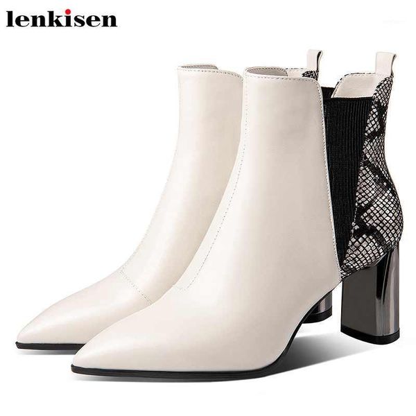

lenkisen new mixed colors snake genuine leather pointed toe metal high heels winter keep warm noble mature women ankle boots l621, Black