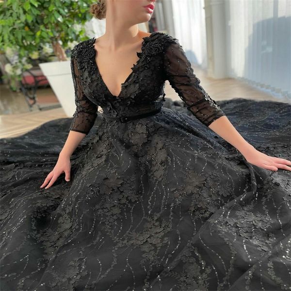 Luxuriöse schwarze Abendkleider, handgefertigt, mit Blumenperlen, Dubai, Saudi-Arabien, Sweep-Zug, sexy V-Ausschnitt, formelle Abendkleider, Robe de soiré