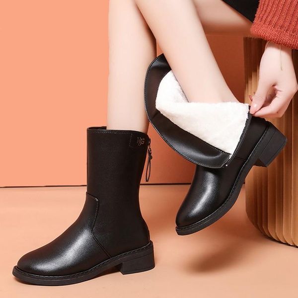 

boots lucyever women short plush warm mid calf 2021 waterproof pu leather square heels woman casual round toe shoes ladies, Black