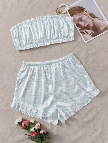

plus allover geo ruffle hem pajama set w28c#, Black;white