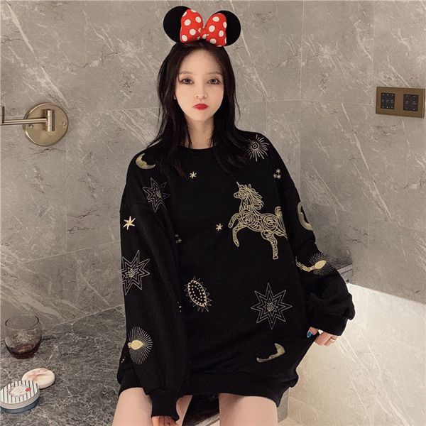 

2021 new of women embroidered cotton hoodies teen street harajuku hip hop hoodie leisure plus size sweater 77b8, Black