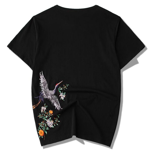 

2021 new japanese hip hop t shirt men crane embroidery floral oversized tshirts streetwear summer casual harajuku tees c1qw, White;black