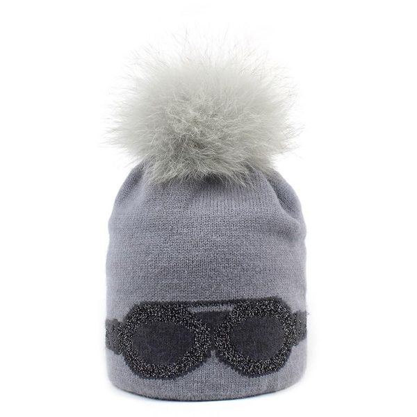 

beanie/skull caps women hat winter pompom beanie real raccoon fur glasses pattern warm outdoor skiing snow accessory for teenagers female, Blue;gray