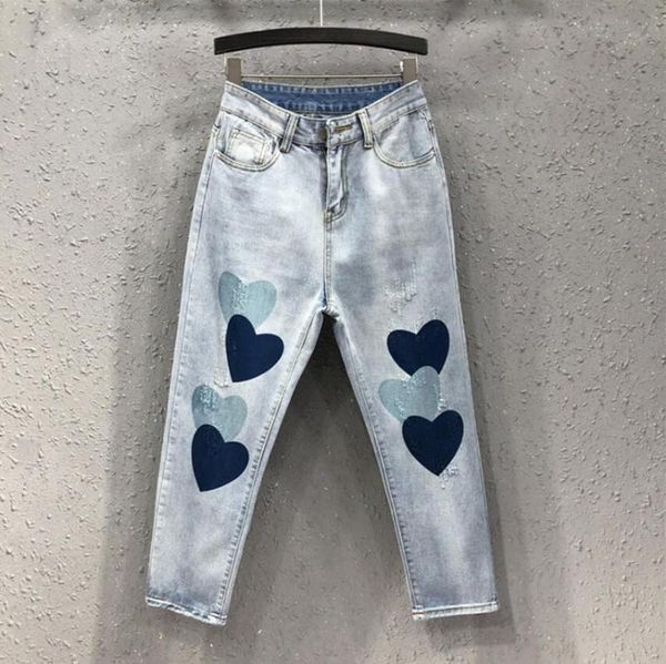 

2020 новая любовь осень женщины джинсы мода печатные джинсовые брюки отверстие промытые шаровары джинсы r1908, Blue