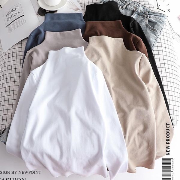 

milk silk solid color bottom shirt women's half high neck long sleeve 2020 autumn winter fashion street women's clothing, White