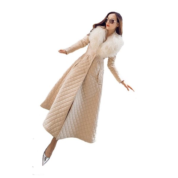 

women's long paragraph fur collar parka coat new temperament s-2xl plus size black beige fashion slim jacket feminina jd552 201214