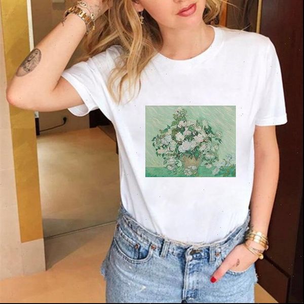 

fashion aesthetics t shirts women van gogh oil art painting funny tshirt harajuku vintage vogue cute print tees, White