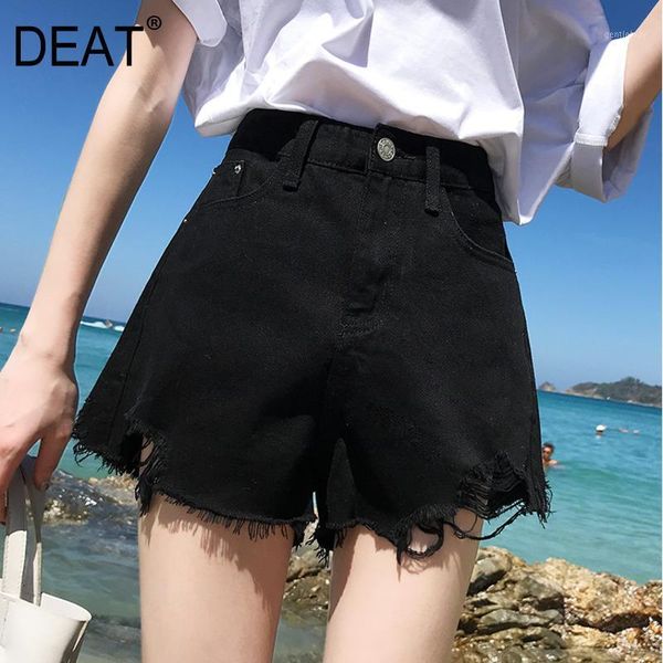 

women's jeans [deat] 2021 spring fast delivery women denim short solid hole ripped tassel burr high waist wild leisure fashion clothes, Blue
