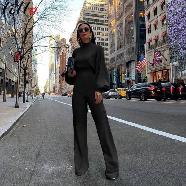 

women jumpsuit casual boot cut solid fashion new long-sleeved high-necked open-back fashion casual one-piece trousers1, Black;white