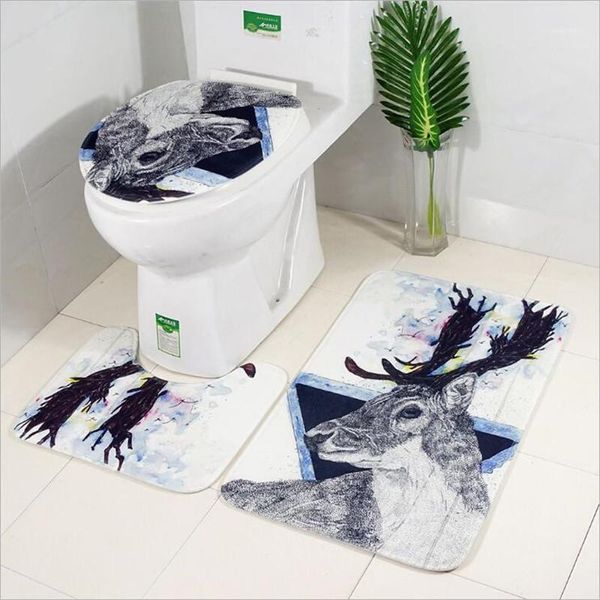 

cushion/decorative pillow ins nordic style 3 pcs bathroom floor mat flannel toilet pad set with moose printing pattern non-slip combination