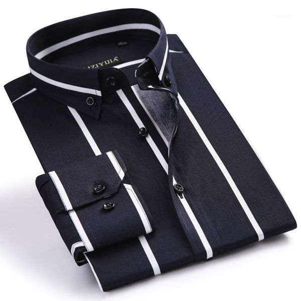 

men's standard-fit designer smart casual dress shirts comfortable cotton long sleeve button-collar contrast bold striped shirt1, White;black