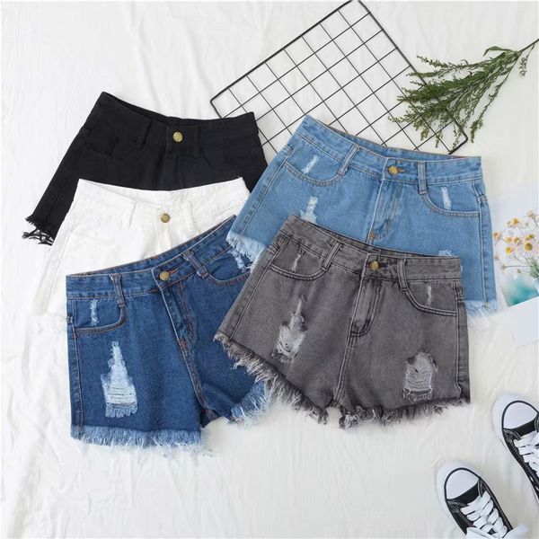 

plus summer black women's denim large size 5xl white high waisted shorts jeans for women, White;black