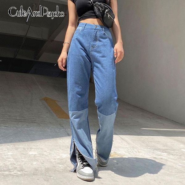 

patchwork y2k baggy jeans women streetwear vintage retro split trousers fashion high waisted casual denim pants cuteandpsycho, Blue