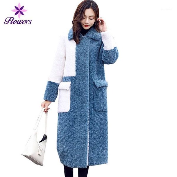 

winter faux fur coat women new korean plus size fashion elegant overcoat splice thick warm fur lamb hair long coat womens lq5191, Black