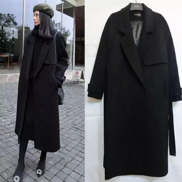 

women's wool & blends 2021 autumn winter casual blend trench coat oversize long with belt women cashmere outerwear w10, Black