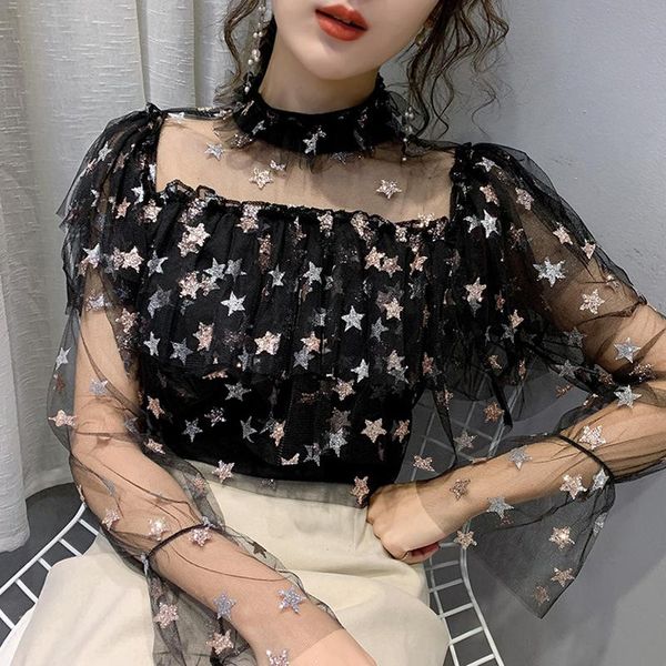 

long sleeve turtleneck hollow mesh print lace blouse shirt blouse women women blusas mujer de moda 2020 clothing d957, White