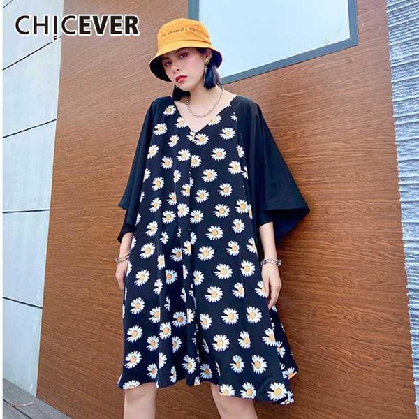

chicever vintage patchwork print hit color dress women v neck short sleeve knee length summer dresses female new fashion 20201, Black;gray