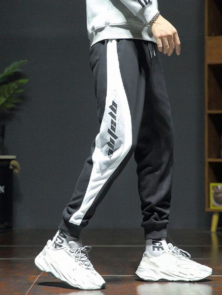 

men contrast letter side seam sweatpants w718#, Black