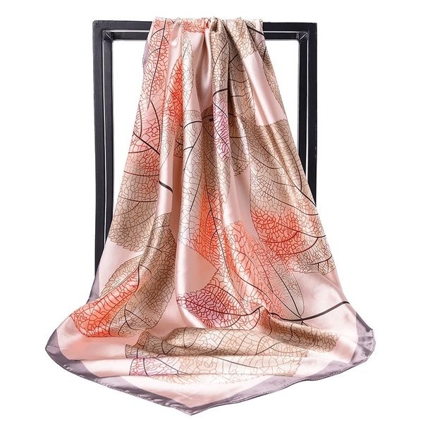 

fashion kerchief silk satin hijab scarf for women leaves print shawl bag scarf 90*90cm square shawls and wraps neck scarves t200609, Blue;gray