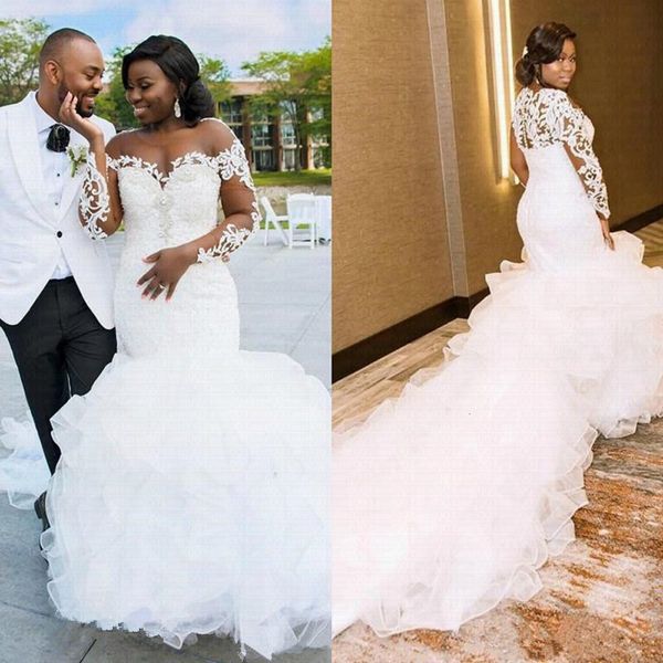 

2021 new african mermaid custom plus size pearls wedding dress 58pf, White